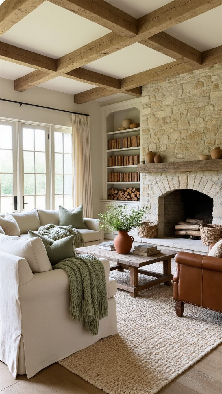 Cozy living room with oak beams, stone fireplace, cream sofa, leather armchairs, vintage rug, and warm, diffused afternoon light.