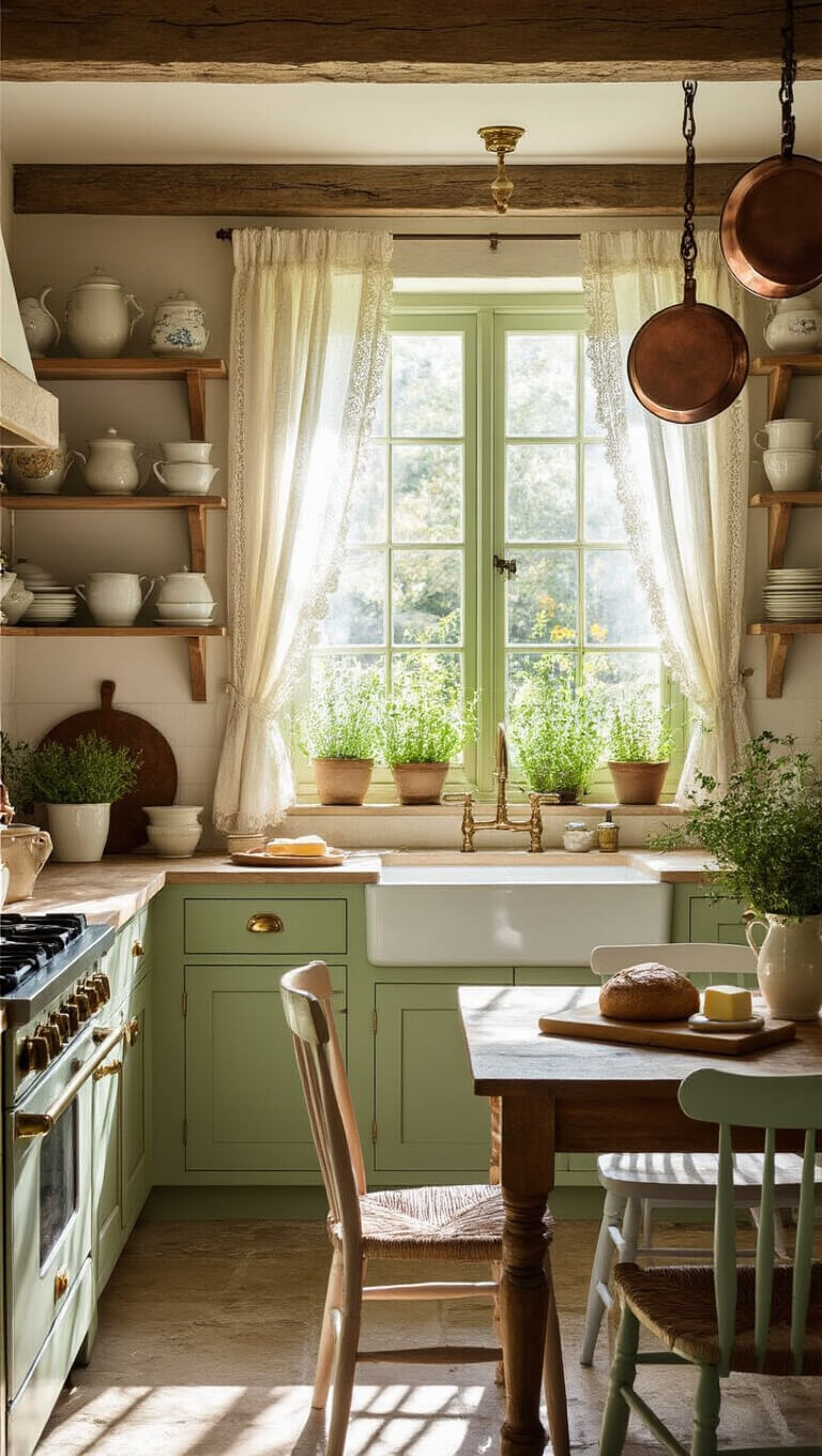 Rustic cottage kitchen with sage green cabinets, farmhouse sink, vintage crockery, and morning sunlight streaming through lace curtains.