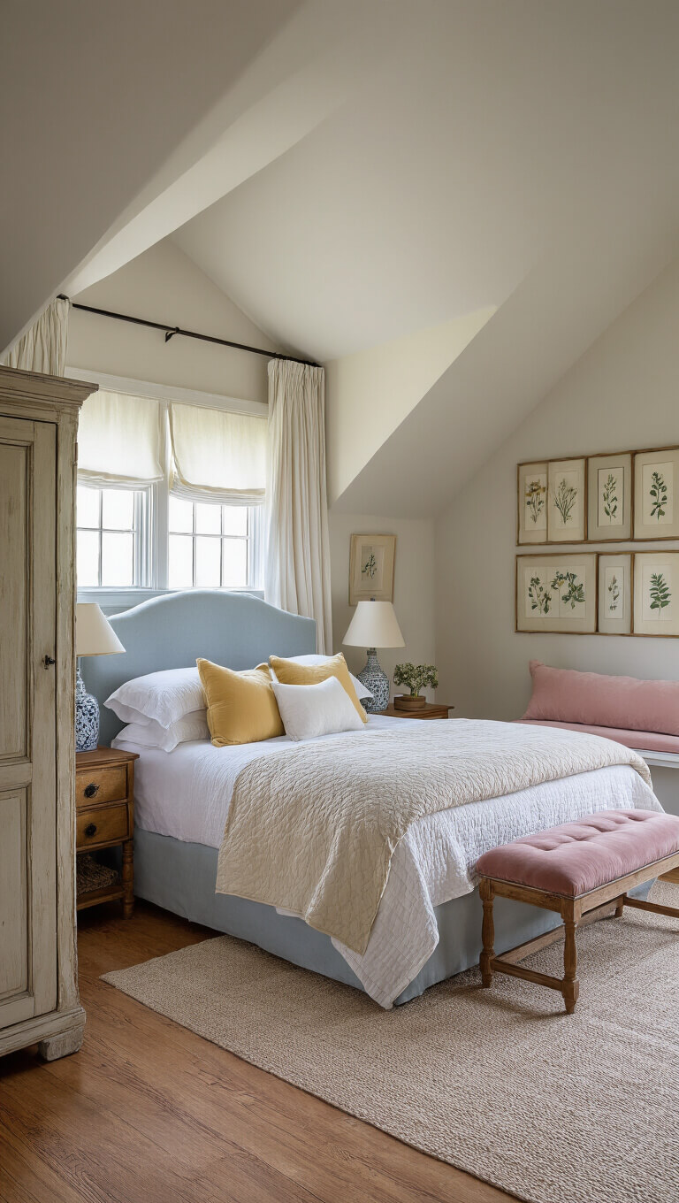 Cozy cottage bedroom with queen bed, vintage furniture, and warm lighting at dusk.
