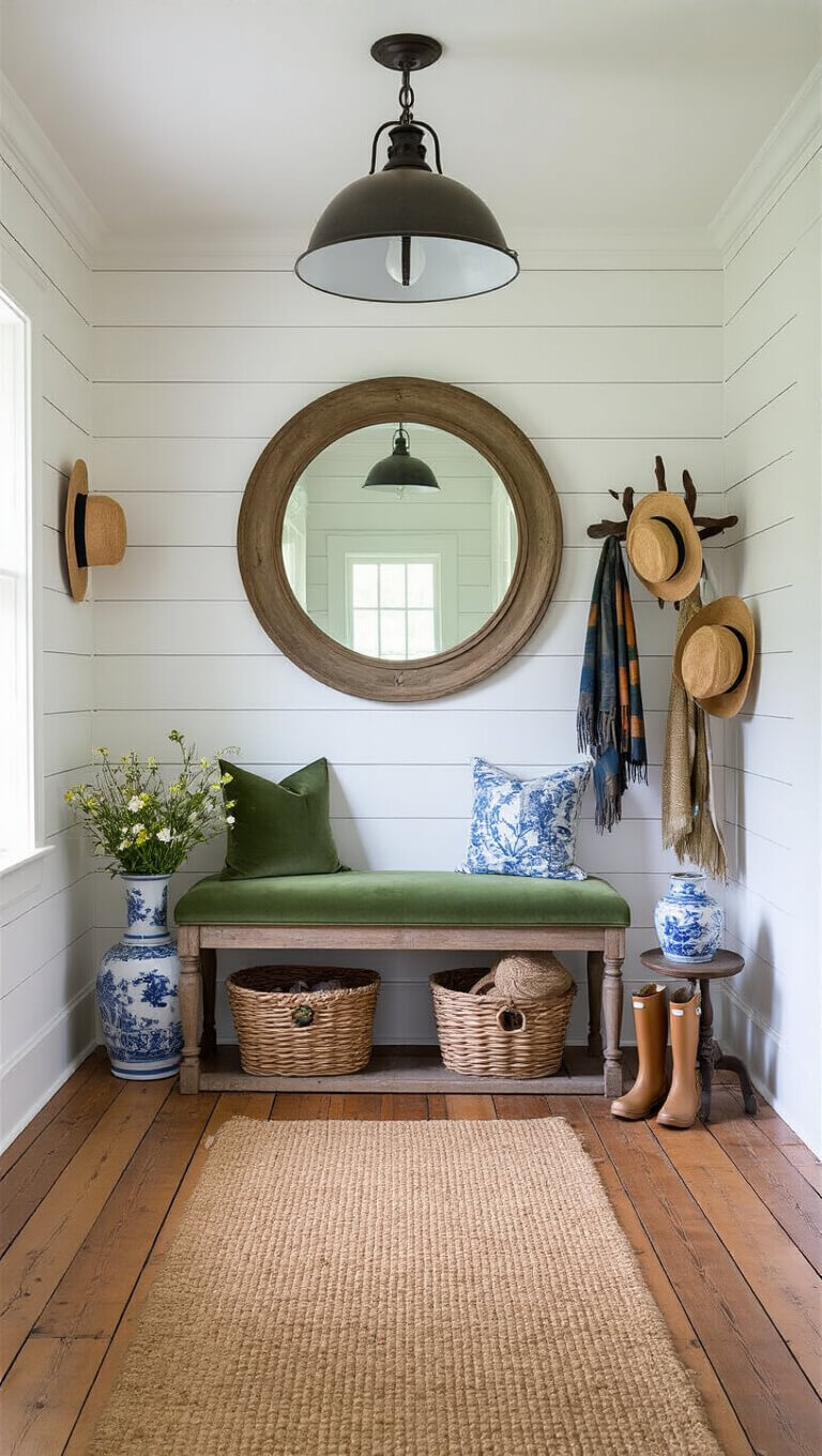 Cozy cottage entryway with shiplap walls, antique furnishings, and warm pendant lighting.