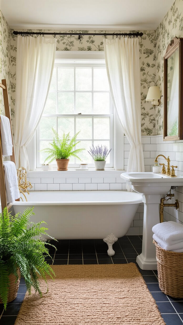 Charming cottage bathroom with clawfoot tub under window, white subway tiles, floral wallpaper, pedestal sink with brass fixtures, and natural accents in soft morning light.