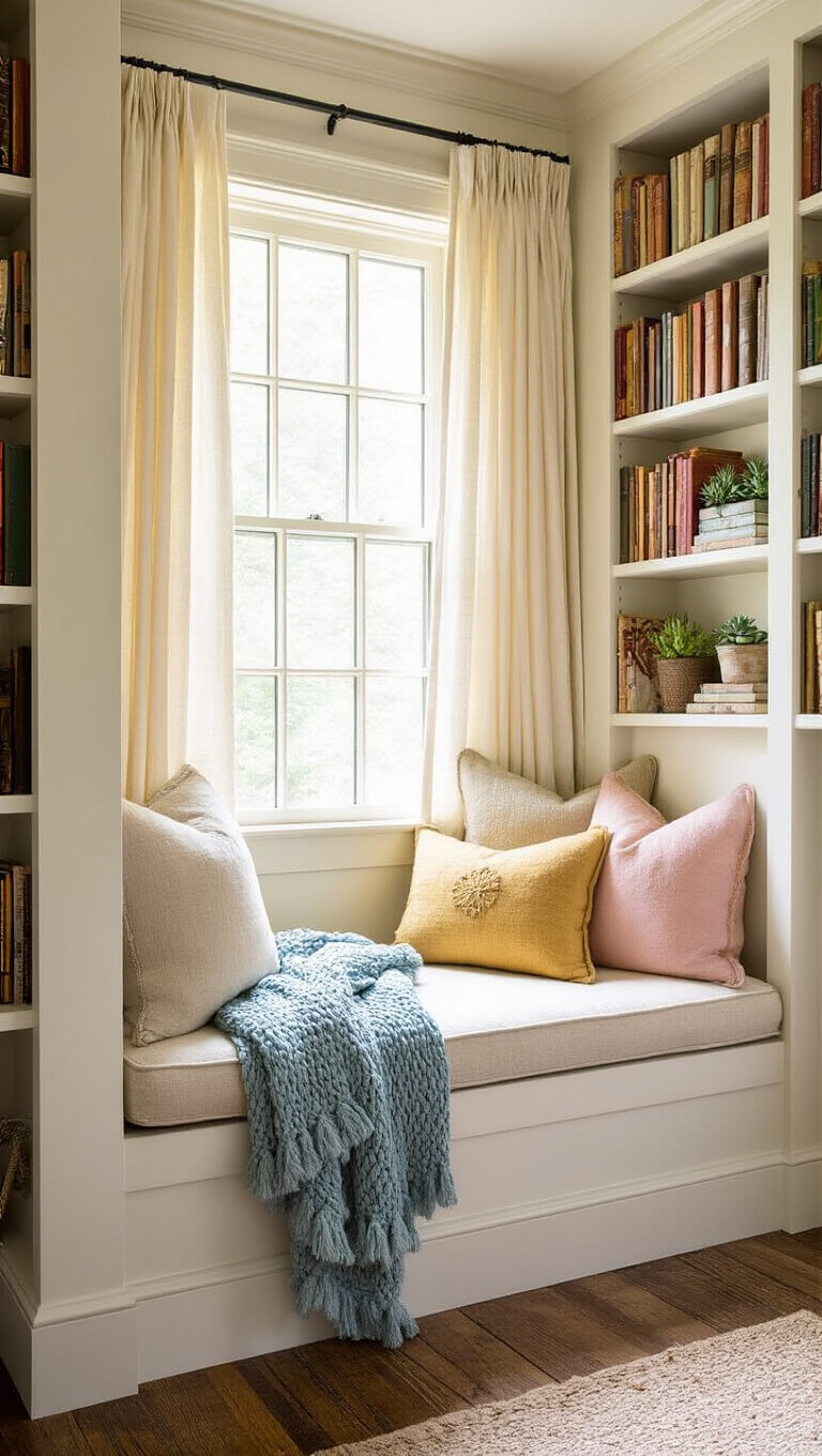 Cozy cottage reading nook with a beige window seat, surrounded by white bookshelves filled with colorful books, succulents, and vintage decor, bathed in soft natural light.