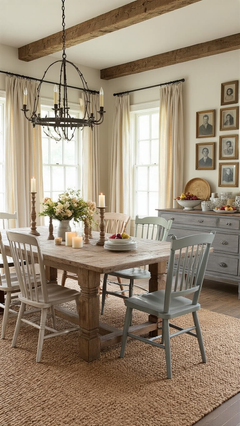 Rustic candlelit cottage dining room with a farmhouse table, mismatched pastel chairs, vintage china on a sideboard, and sepia family photos on the wall.