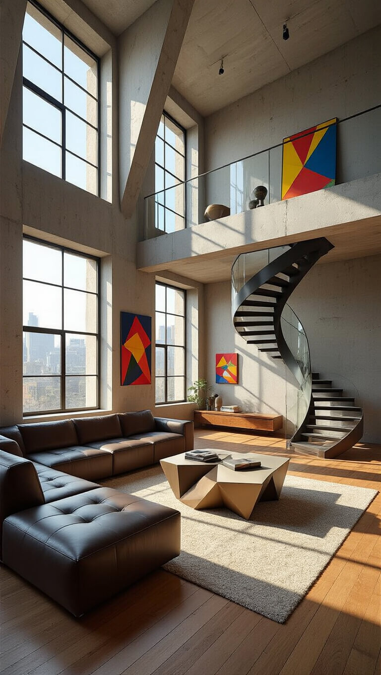 Cubist-inspired modern living room with geometric furniture, asymmetrical windows, spiral glass staircase, and dramatic sunlight casting angular shadows across concrete walls and wood floors.