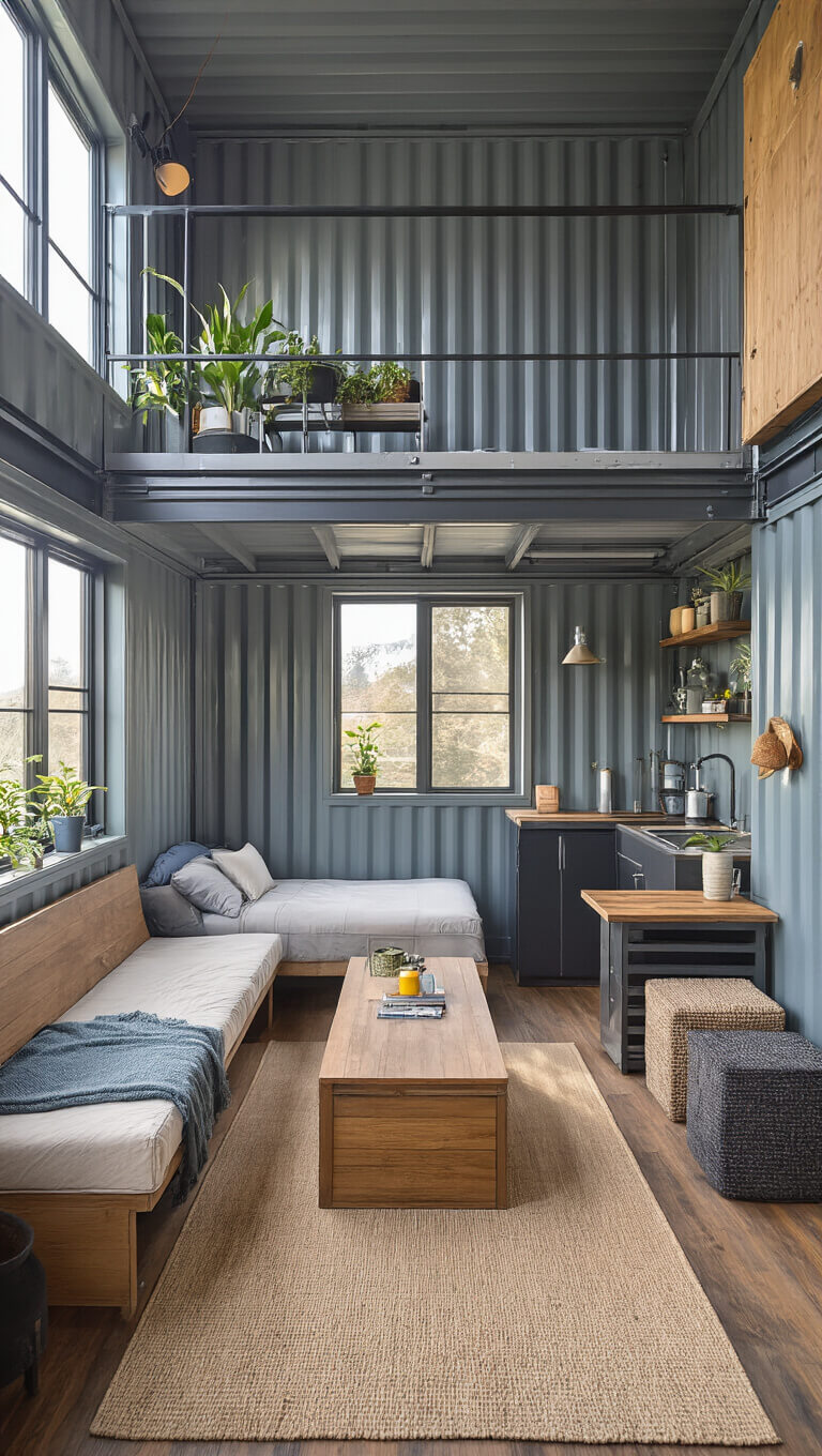 Cozy, minimalist shipping container living space with murphy bed, compact kitchenette, multifunctional furniture, and warm lighting in industrial gray and blue tones softened by wood accents and plants.