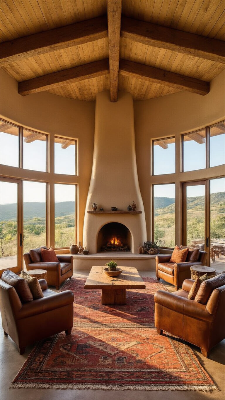 Low-angle view of a sunlit straw bale great room with curved earthen walls, vaulted ceiling with wooden beams, adobe fireplace, and earthy furnishings accented by colorful textiles and handwoven rugs.