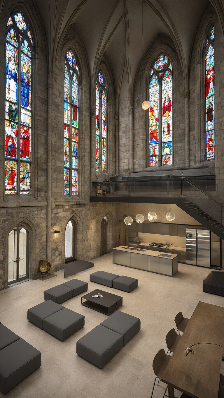 Dramatic open-concept living area in a converted 19th-century church featuring stained glass windows, stone walls, modern furnishings, mezzanine home office, sunken conversation pit, minimalist kitchen, and eclectic art installations.