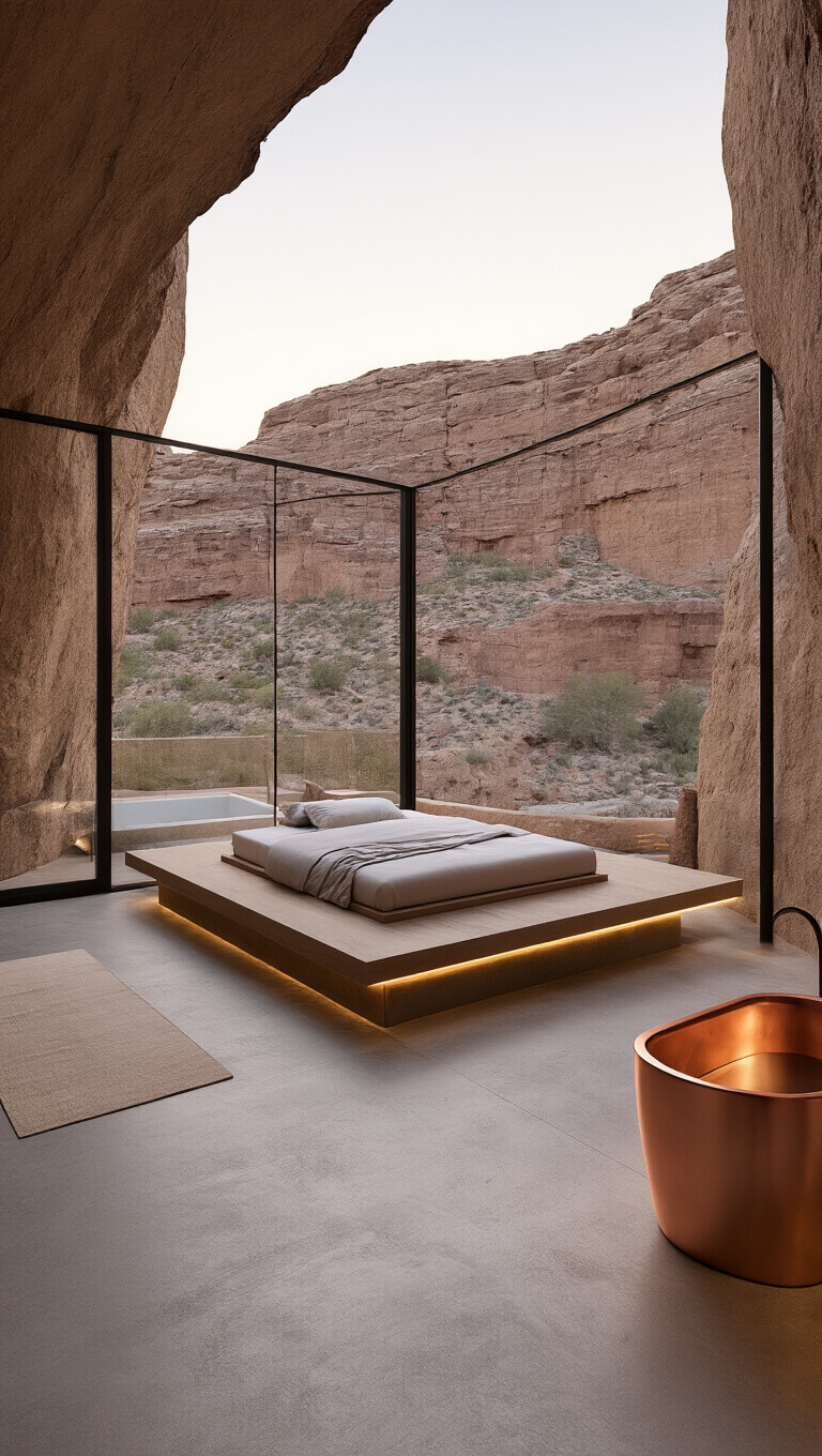 Luxurious desert cliffside bedroom with panoramic windows, floating bed, copper soaking tub, and minimalist design softly lit at dusk.