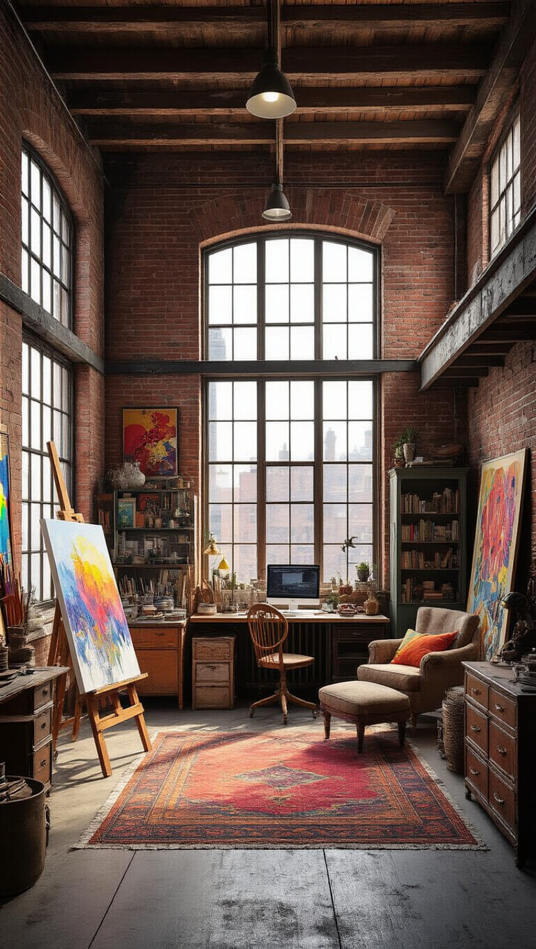 Artist's loft studio with exposed brick walls, large factory windows, eclectic furniture, colorful artwork, and organized creative zones flooded with natural light.