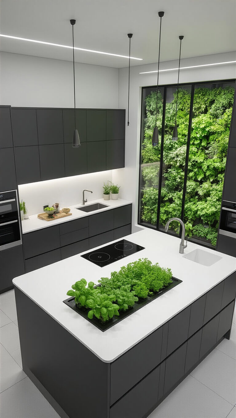 Futuristic eco-friendly kitchen with matte charcoal cabinets, white touchscreen countertops, hydroponic island, smart lighting, and floor-to-ceiling windows showcasing vertical garden.