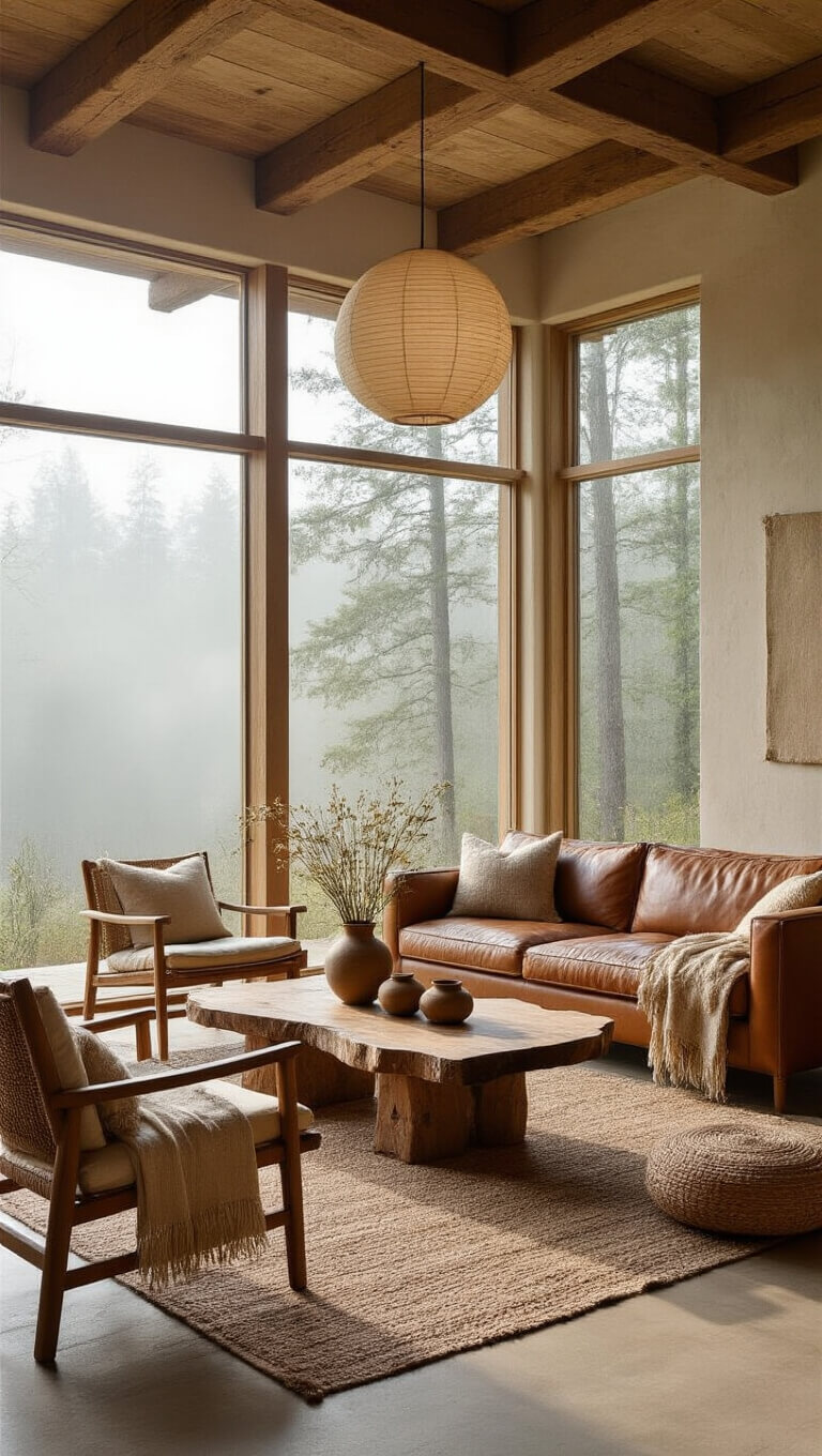 Serene living room with exposed wooden beams, leather sofa, live-edge coffee table, and floor-to-ceiling windows overlooking a misty forest.