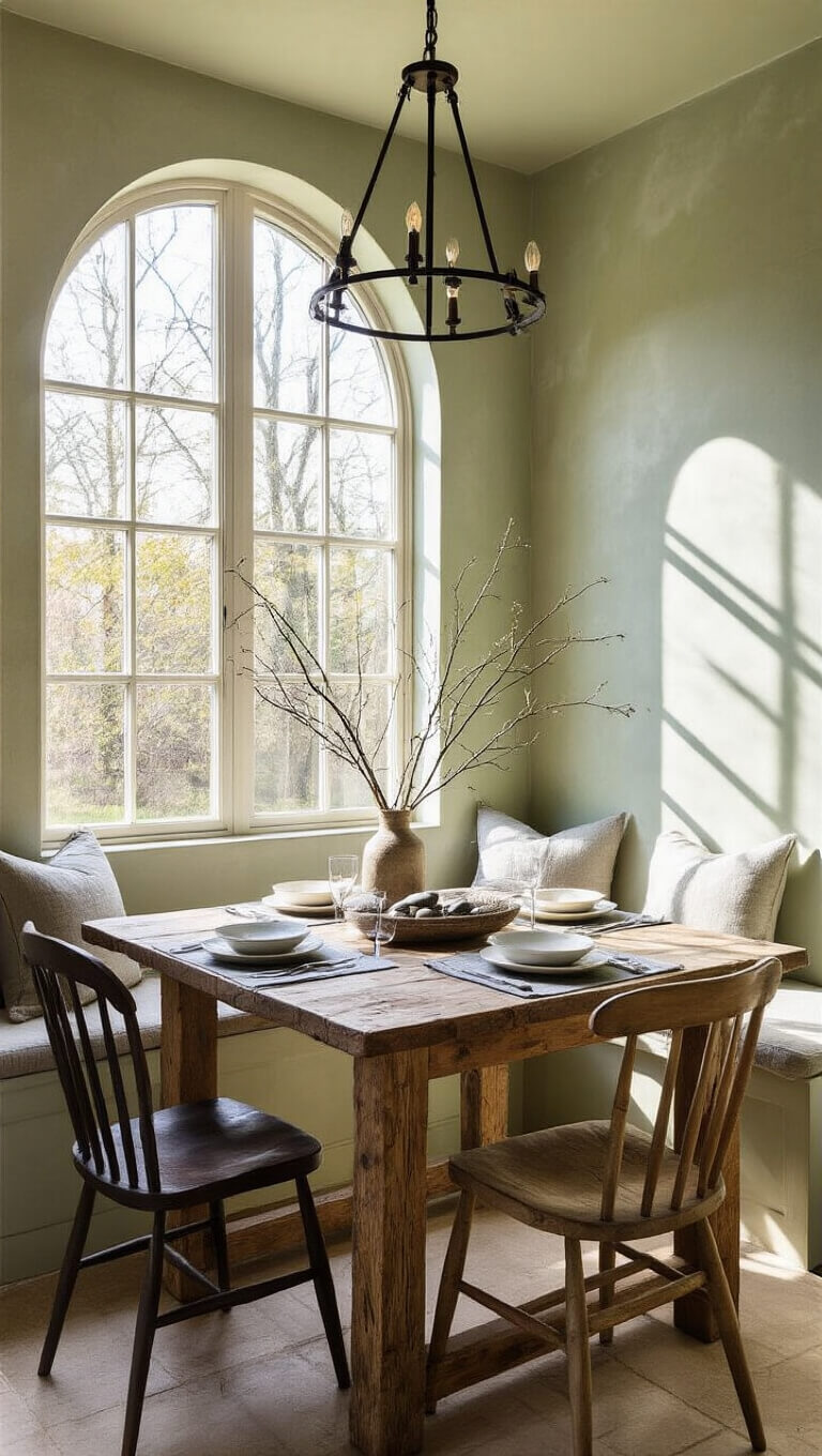 Close-up of a rustic wooden dining table in a cozy alcove with mismatched chairs, gray linen placemats, and a natural centerpiece of branches and river stones, bathed in late afternoon sunlight from a large arched window.