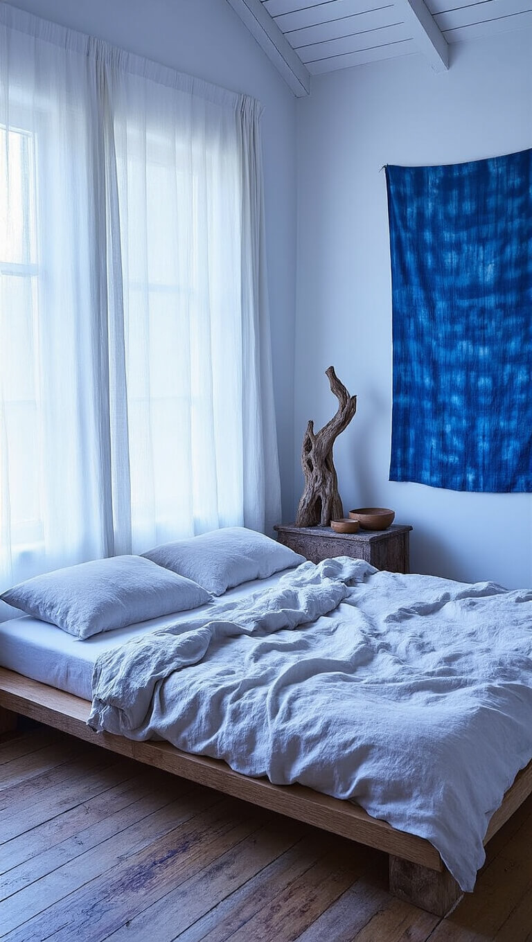 Low-angle view of a serene bedroom with a low platform bed, rumpled cotton sheets, driftwood lamp, worn wood floors, and an indigo shibori textile on the wall.