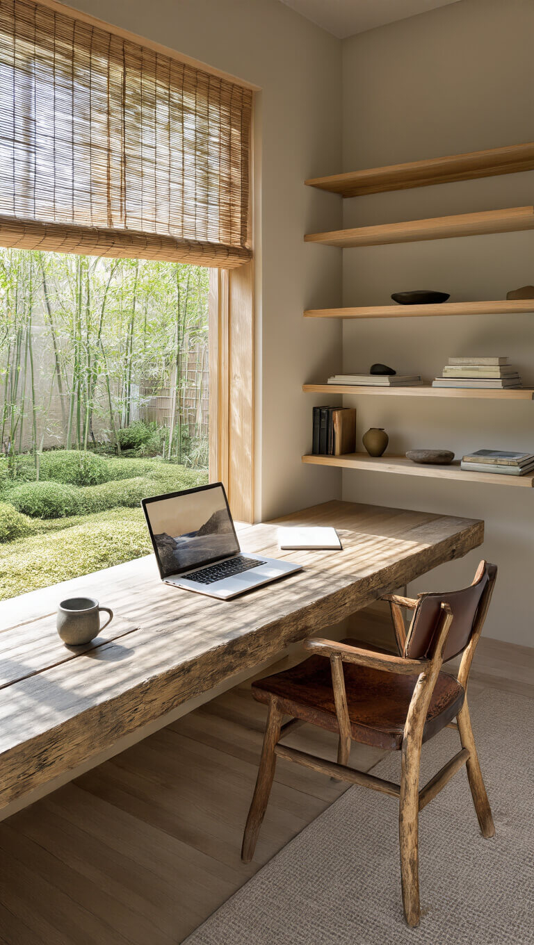 Overhead view of a minimalist 10x10 home office with a reclaimed wood desk, leather chair, sparse shelving, shoji screen wall, and midday light filtering through bamboo blinds.