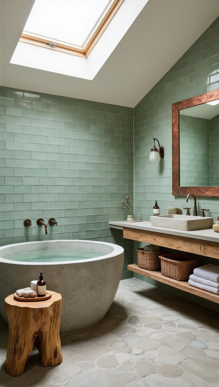 Spa-like 8x10 bathroom with skylight, stone soaking tub, green-gray handmade tiles, reclaimed wood vanity, copper-framed mirror, river rock floor, and natural details like woven baskets and live-edge stool.