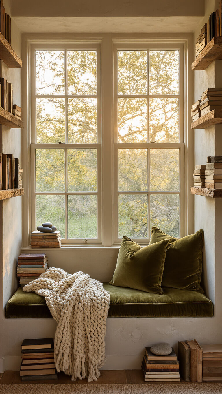 Wide-angle view of a cozy bay window reading nook with olive velvet cushions, rustic plaster walls, floating barn wood shelves, and golden hour light.