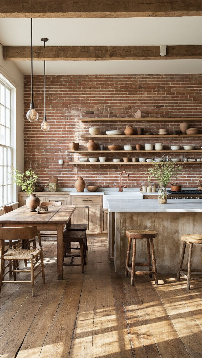 Open-concept kitchen and dining area with exposed brick walls, reclaimed wood floors, and warm evening light highlighting rustic elements like open wood shelving, handmade pottery, a concrete island, and eclectic dining furniture.