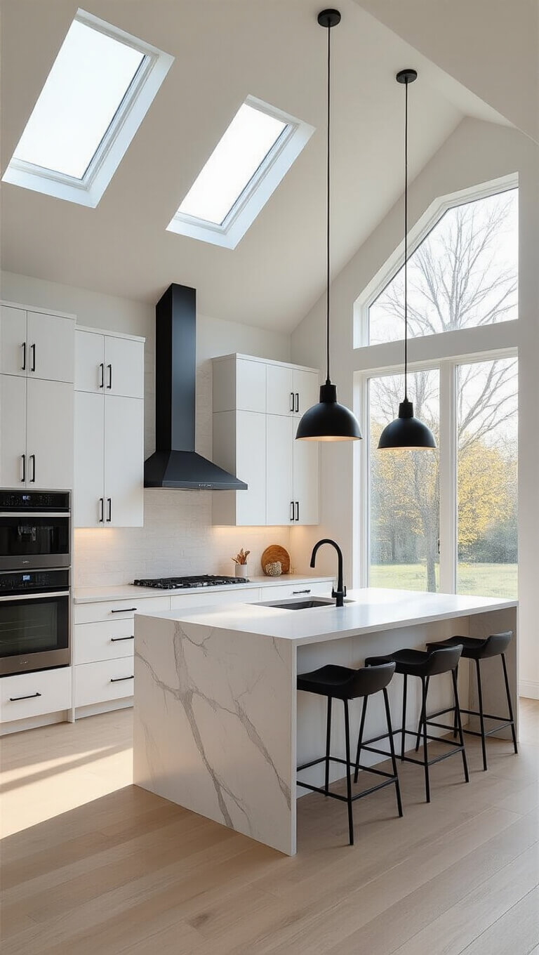 Modern minimalist kitchen with vaulted ceiling, black stainless appliances, white cabinets, quartz island, and natural morning light.