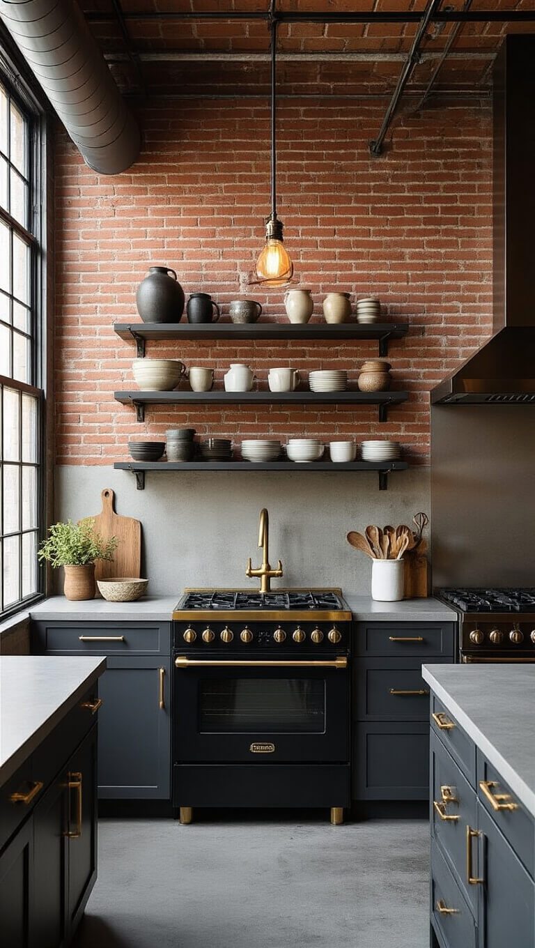 Industrial chic kitchen with exposed brick, charcoal gray cabinets, black stainless appliances, and warm golden hour lighting.