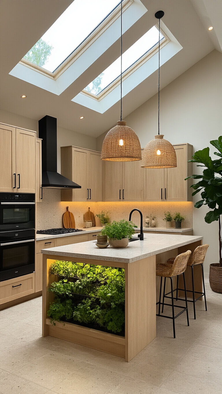 Warm contemporary kitchen with light maple cabinets, black stainless appliances, terrazzo countertops, oversized island with built-in herb garden, rattan pendant lights, and a fiddle leaf fig tree in soft midday natural light.