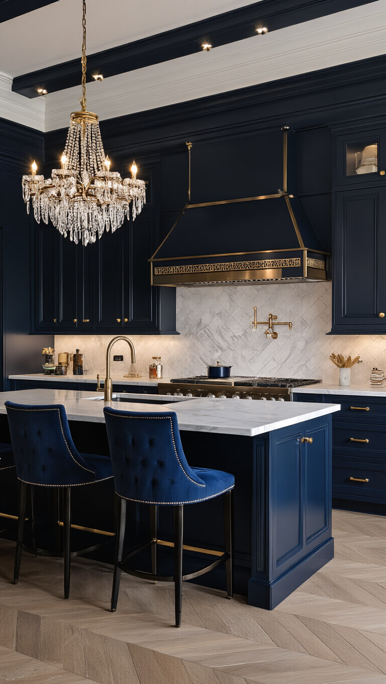 Low-angle view of a glamorous navy kitchen with gold hardware, black stainless appliances, marble countertops, crystal chandelier, and velvet island chairs under soft, layered lighting.