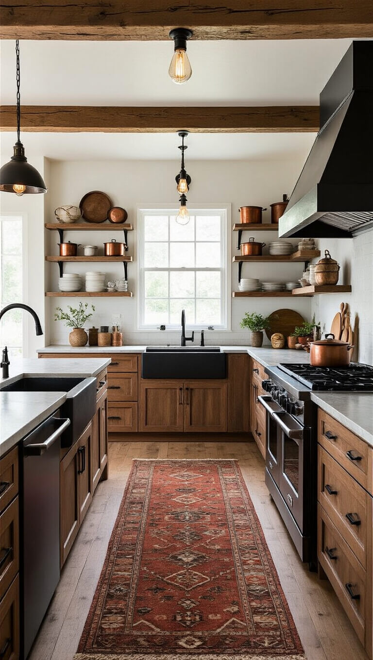 Rustic modern kitchen with walnut cabinets, black stainless appliances, wood beam ceiling, farmhouse sink, antique rug, and vintage copper cookware on open shelves.