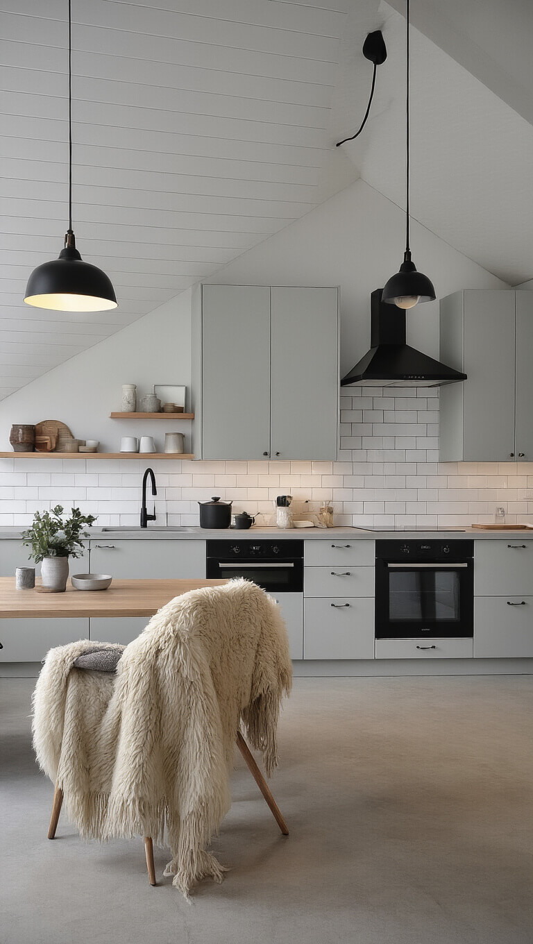 Scandinavian-style kitchen with light gray cabinets, black stainless appliances, white oak shelves, and minimalist decor under soft twilight lighting.