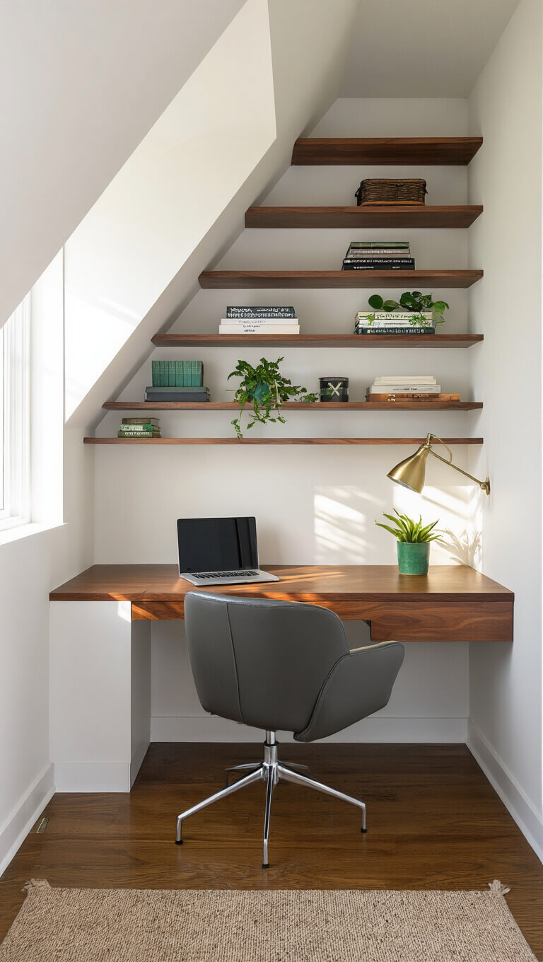 Compact under-stair home office with walnut floating desk, charcoal ergonomic chair, ascending shelves with books and plants, and warm morning light filtering through a small window.