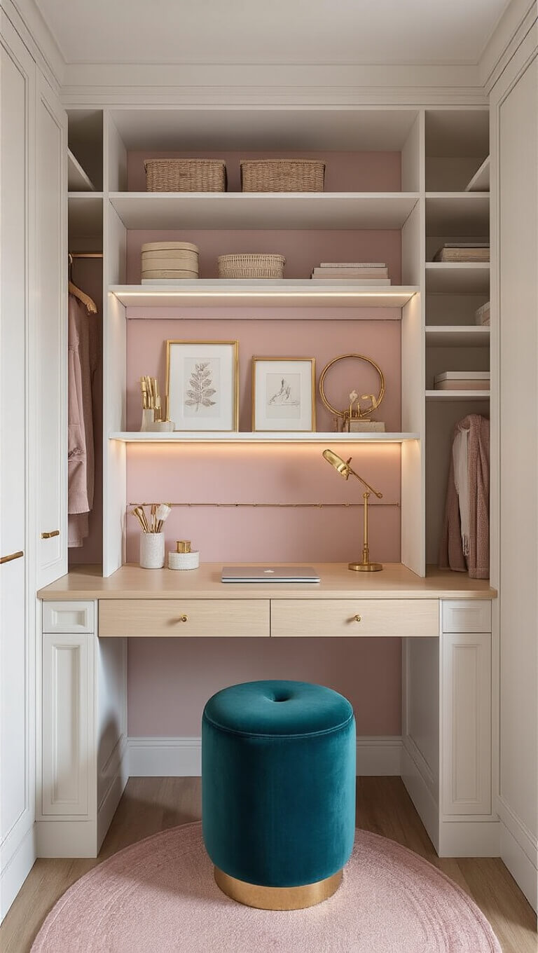 Chic converted closet office with white built-in shelves, blush pegboard and gold accessories, fold-down ash wood desk, teal velvet stool, and warm LED lighting.
