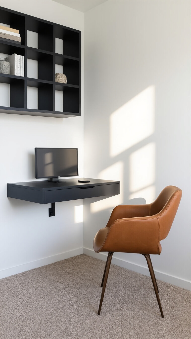 Minimalist bedroom home office with floating black desk, open shelving, cognac leather chair, and moody lighting.