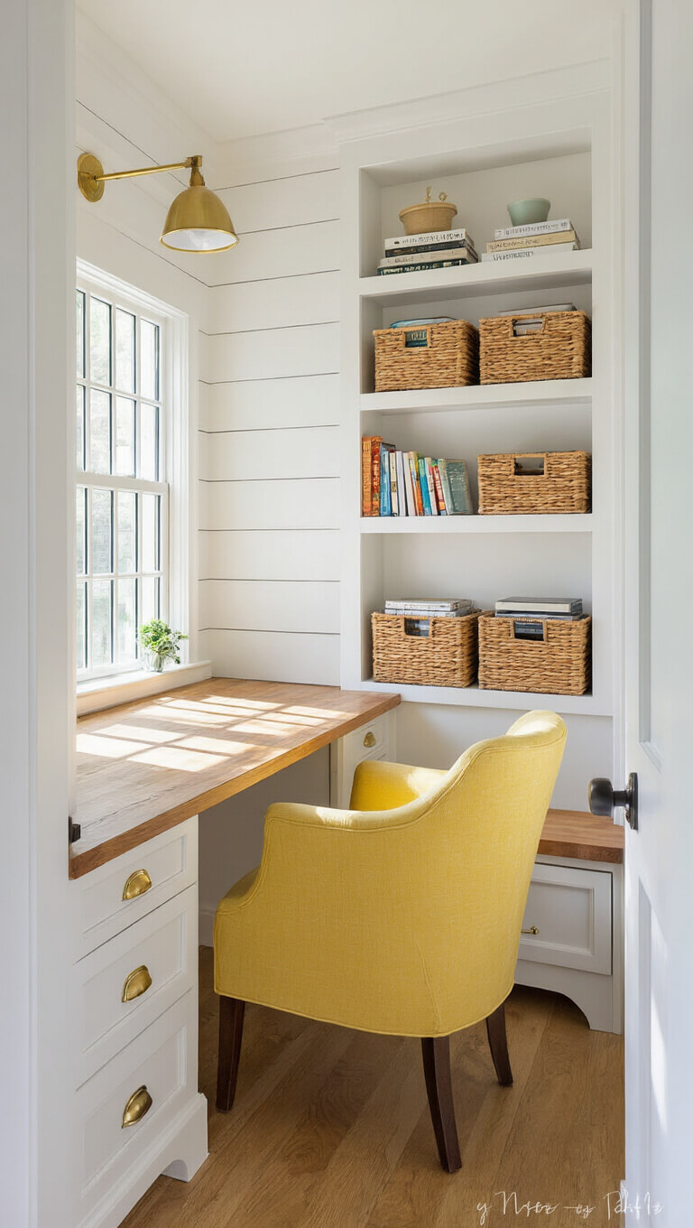 Charming kitchen alcove home office with butcher block desk, white shiplap walls, open shelving, yellow upholstered chair, and window herb garden.