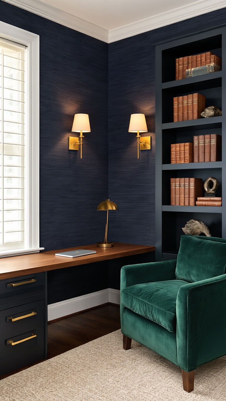 Sophisticated home office nook with navy grasscloth accent wall, walnut floating desk, brass details, emerald velvet chair, built-in bookshelves, antique map, and moody jewel-tone styling.