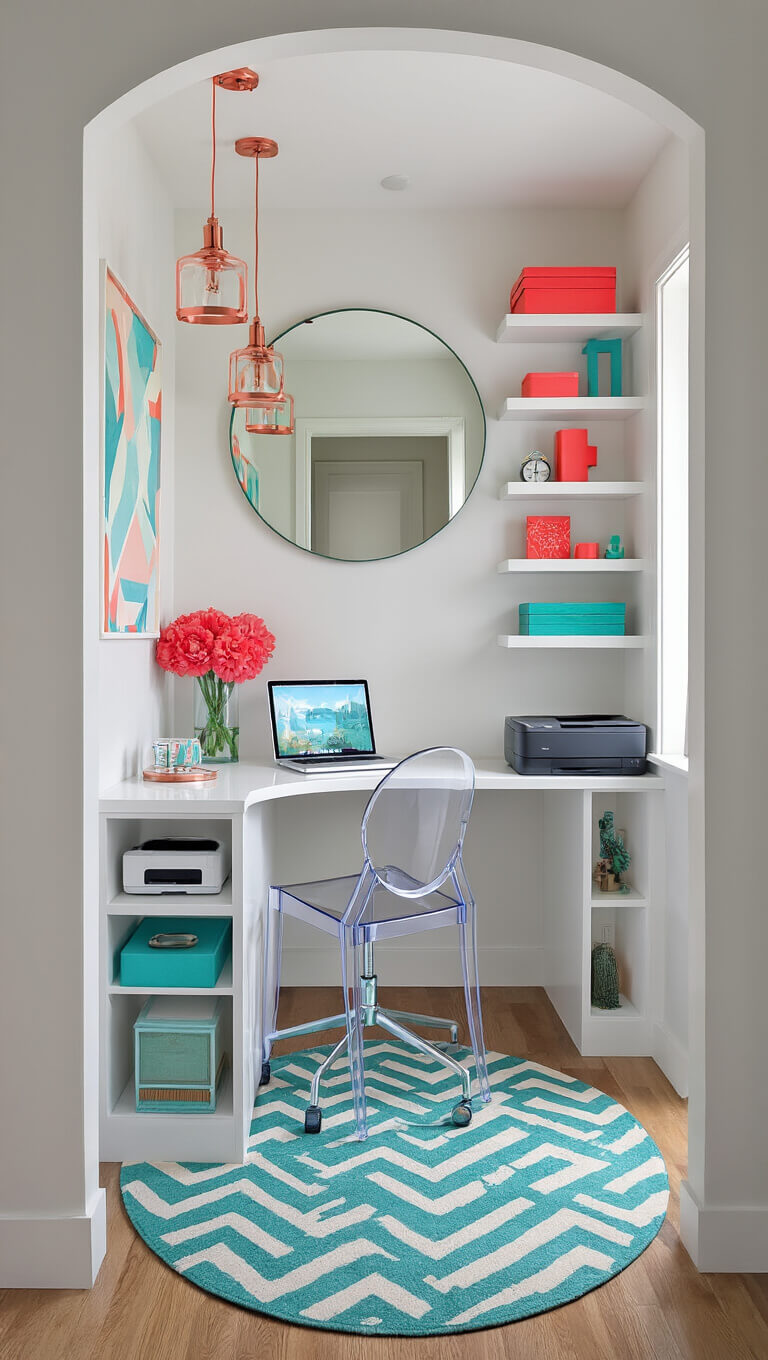 Modern hallway home office nook with L-shaped desk, coral and turquoise accents, zigzag shelves, and acrylic chair.