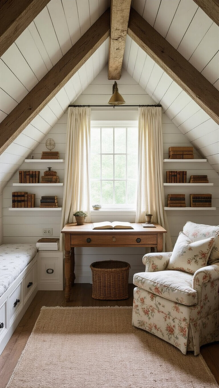Cozy attic home office nook with vintage desk under dormer window, rustic beams, antique books on floating shelves, and soft light filtering onto a jute rug and floral armchair.