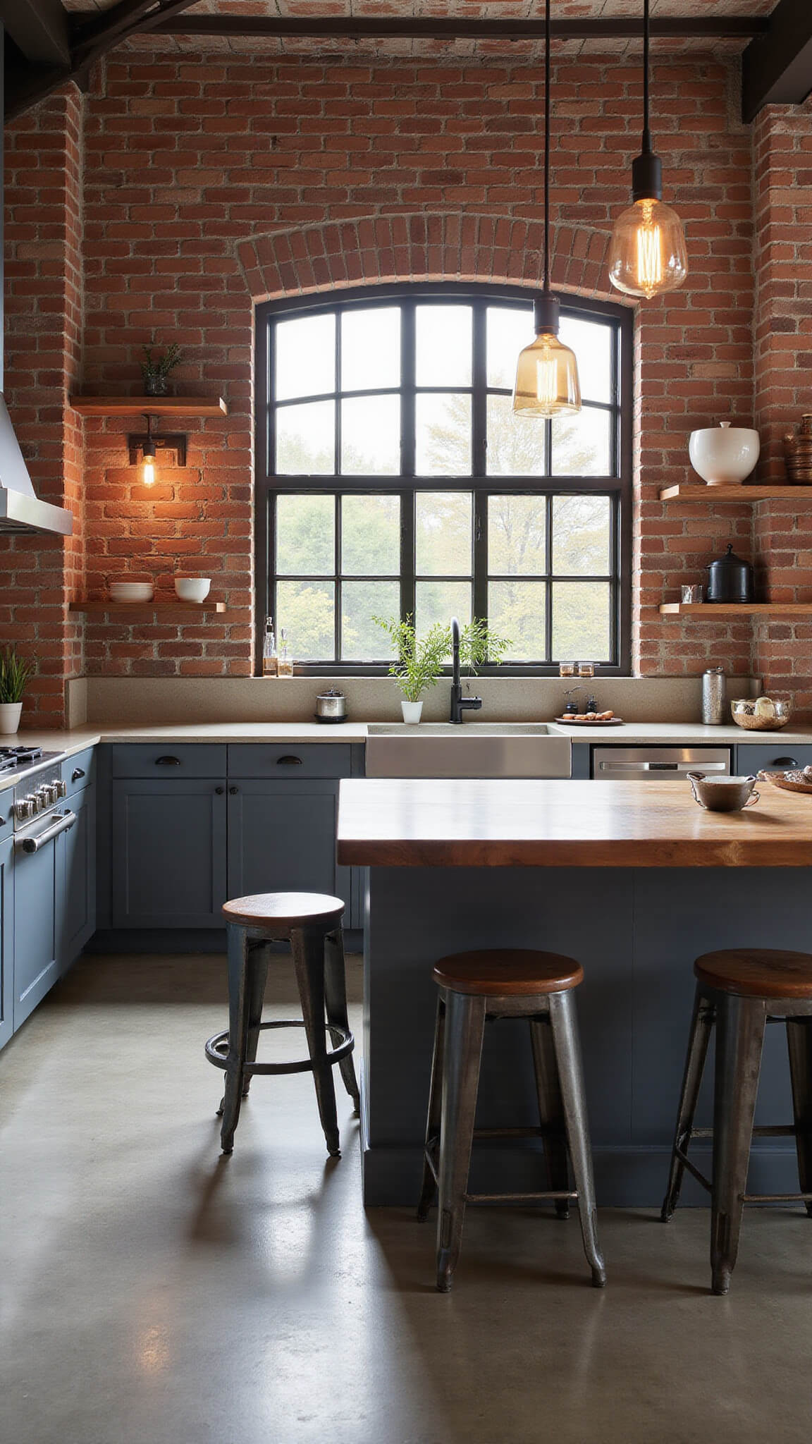 Wide-angle view of an industrial chic kitchen with exposed brick walls, polished concrete floors, matte Iron Ore cabinets, stainless steel appliances, a butcher block island with metal stools, Edison bulb pendant lights, and open shelving displaying ceramics and copper cookware.
