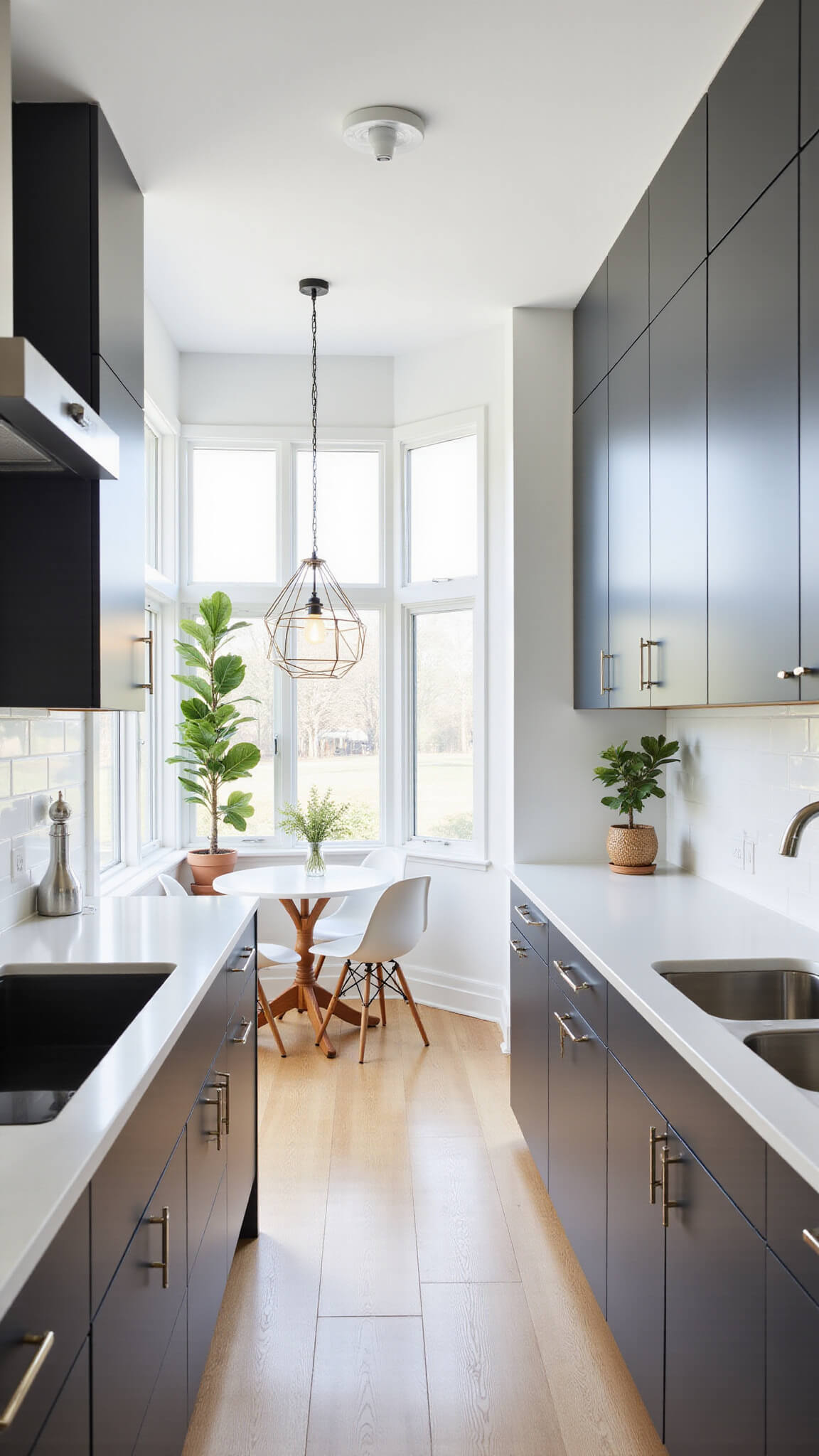 Modern minimalist 10x12 ft kitchen with Iron Ore cabinets, white quartz countertops, oak flooring, floor-to-ceiling windows, Eames-style breakfast nook, stainless steel appliances, and a fiddle leaf fig.