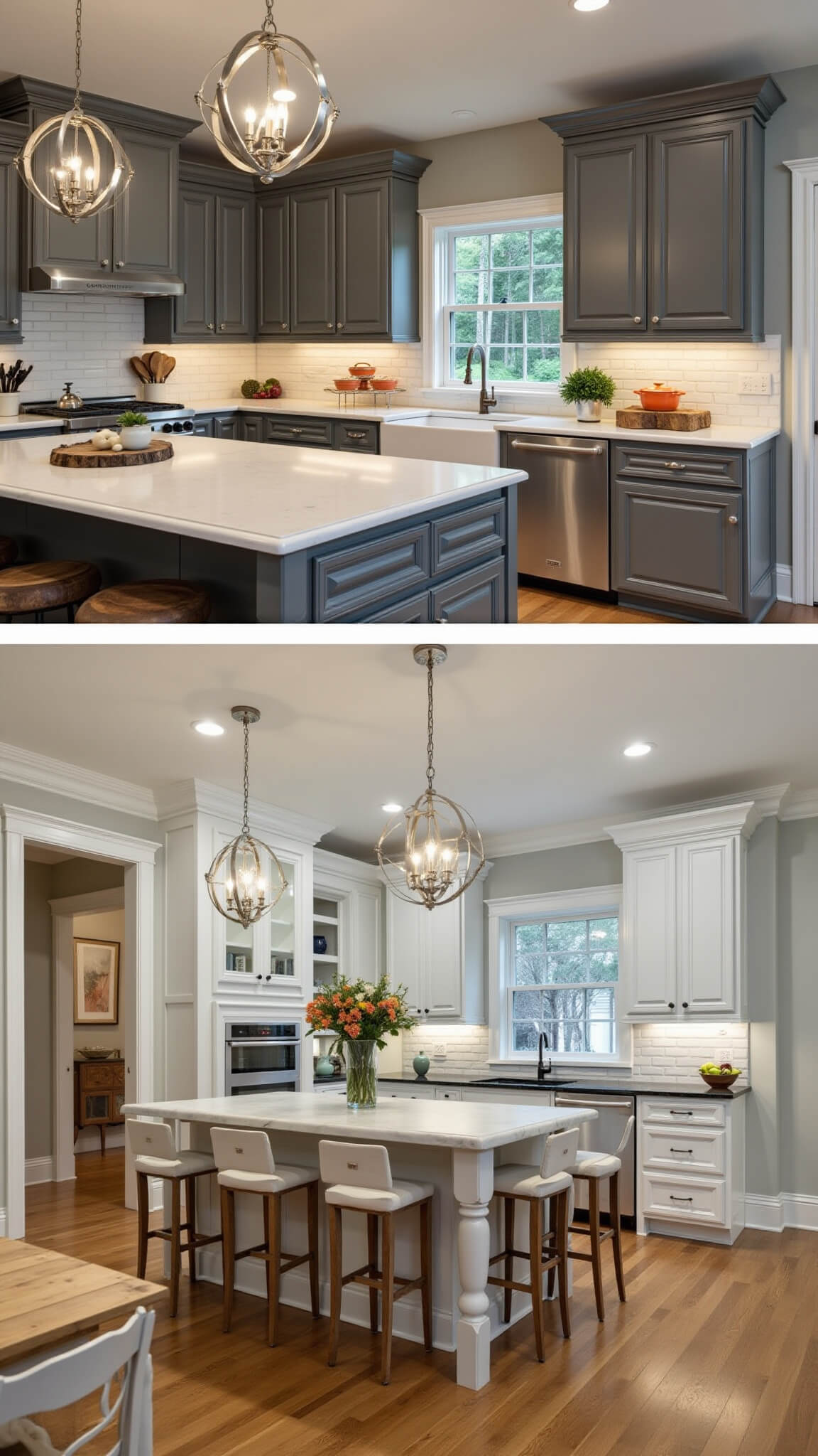 Traditional evening kitchen with Iron Ore cabinets, marble countertops, farmhouse sink, white barstools, and warm chandelier lighting.