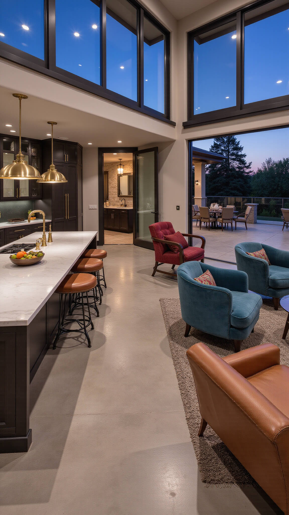 Luxurious open-concept kitchen and living area with Iron Ore cabinets, a white quartzite waterfall island, jewel-toned seating, brass accents, and large sliding glass doors at twilight.