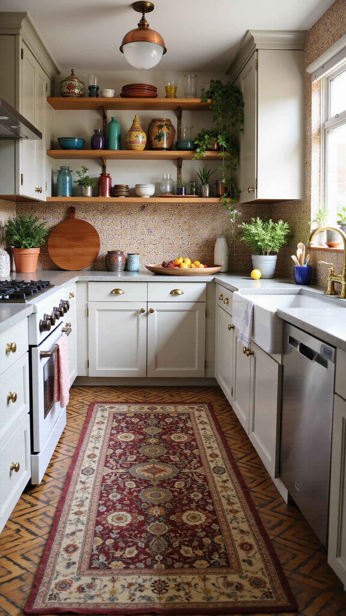 Eclectic 11x13 kitchen with Iron Ore cabinets, bold geometric tile floor, Moroccan tile backsplash, open shelving with colorful ceramics, vintage Persian rug, mixed metal finishes, and lush potted plants in warm morning light.
