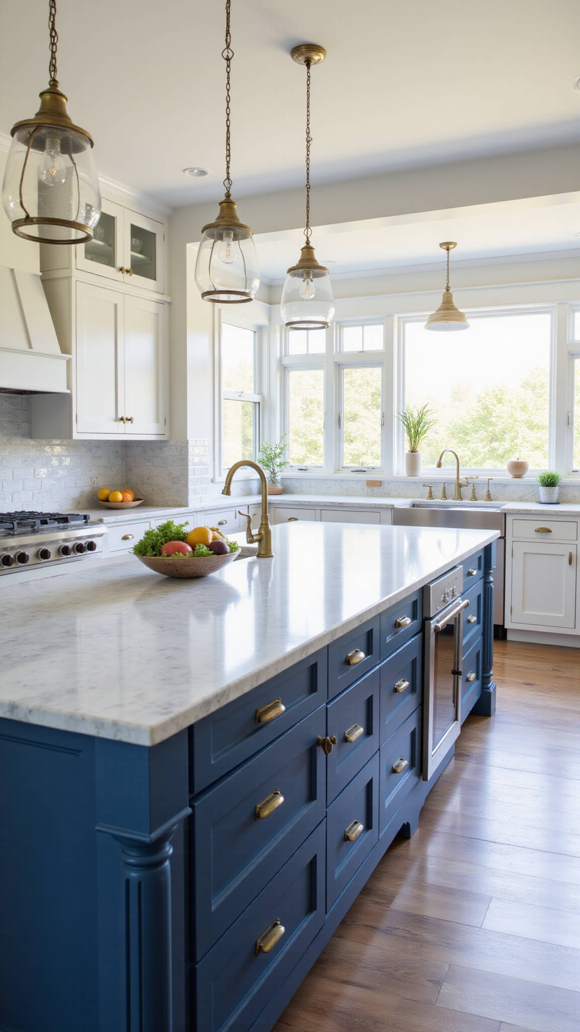 Elegant sunlit kitchen with navy island, white cabinets, marble counters, and brass hardware highlighted by morning light.