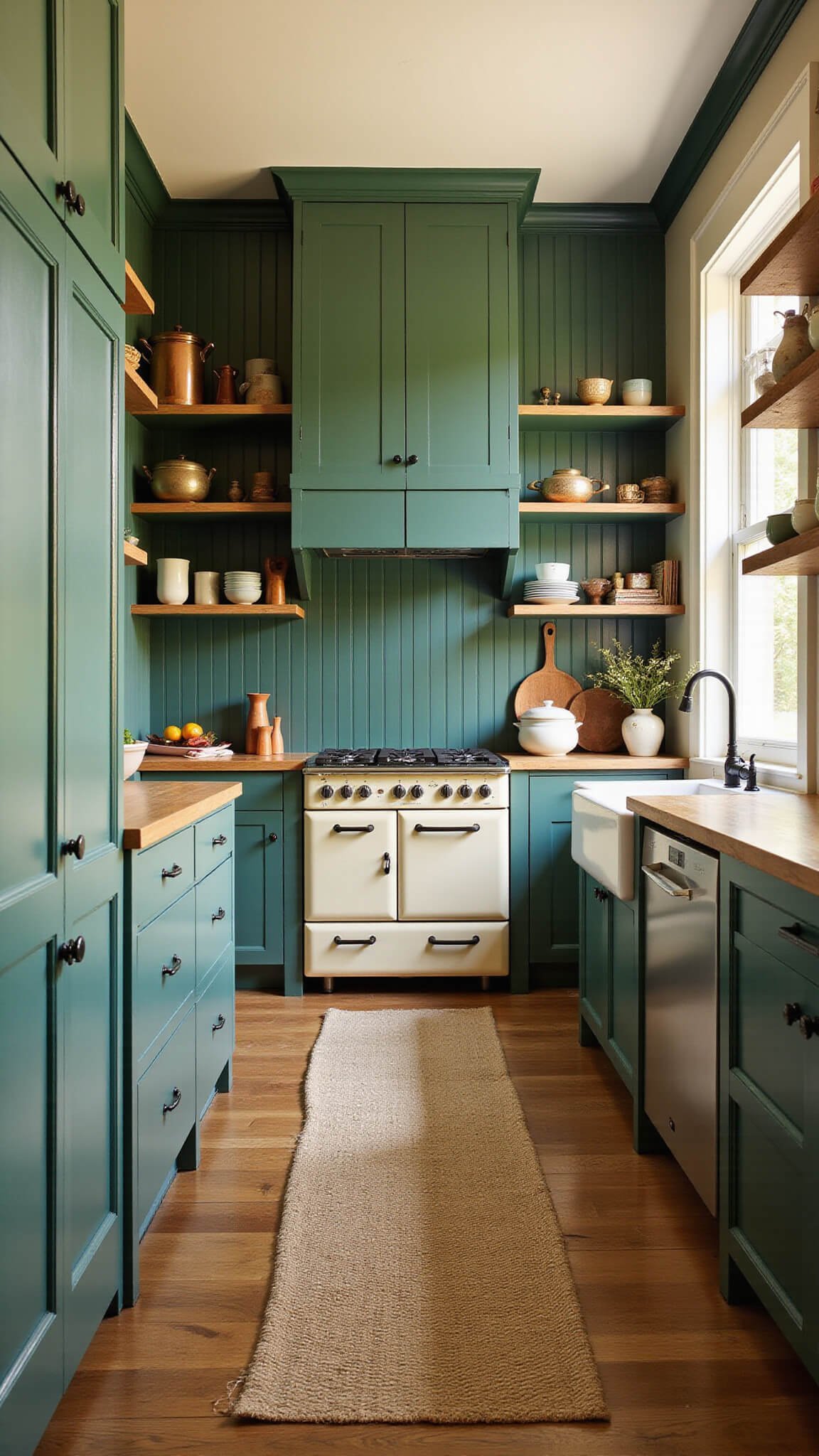 Forest green galley kitchen with beadboard cabinets, butcher block countertops, open shelves with pottery and copper cookware, cream vintage range, black hardware, jute runner on oak floors, and warm afternoon light.