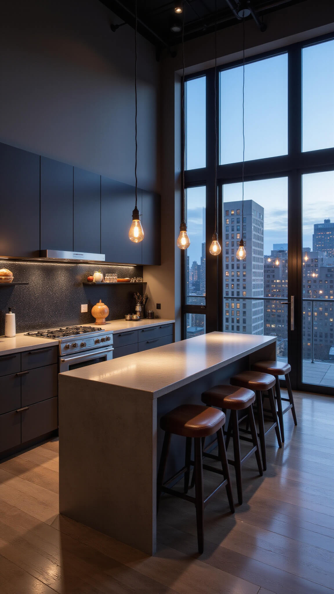 Modern open-concept kitchen with charcoal gray cabinets, concrete island, pendant lighting, and cityscape view at dusk through floor-to-ceiling windows.