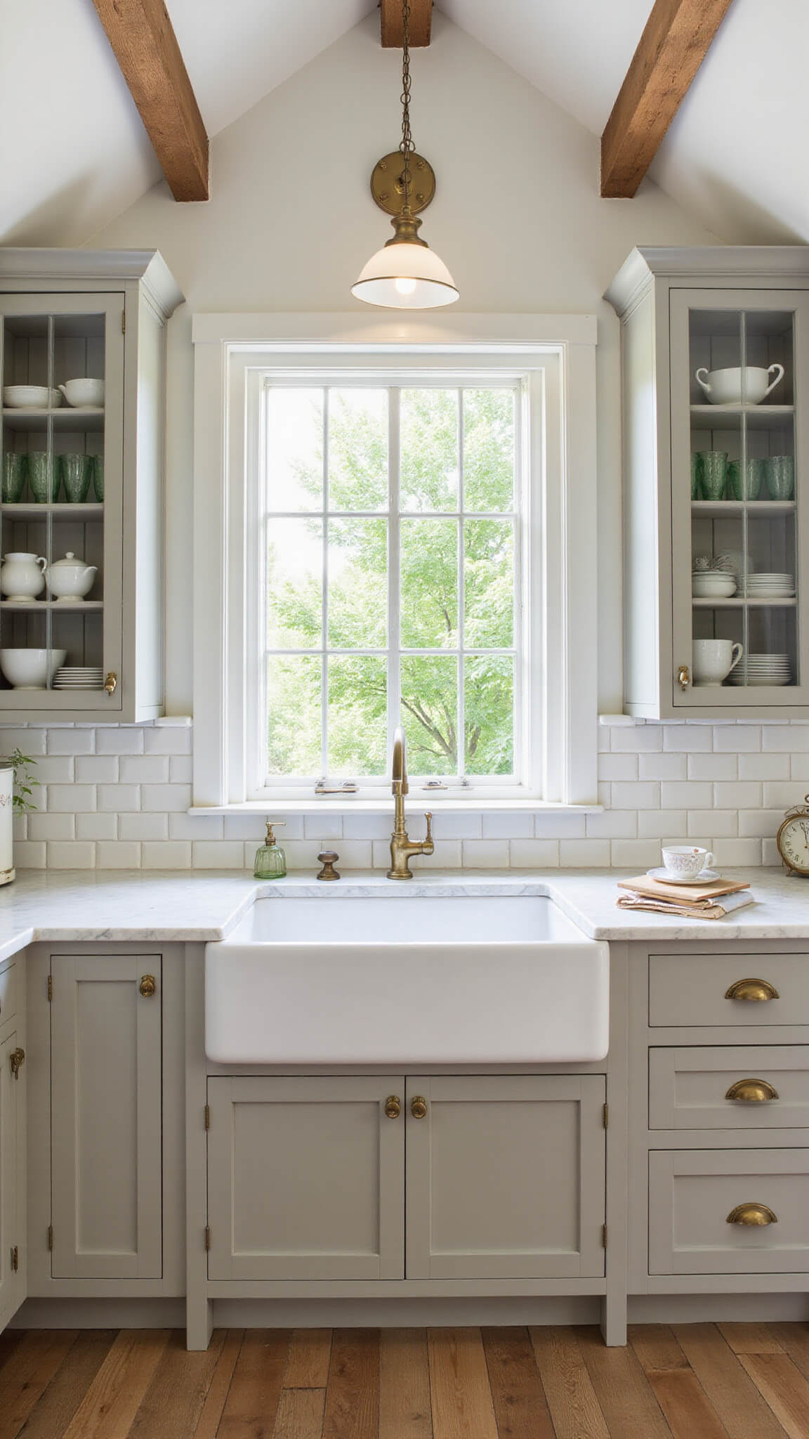 Bright farmhouse kitchen with vaulted ceilings, taupe cabinets, apron sink, and vintage brass accents.