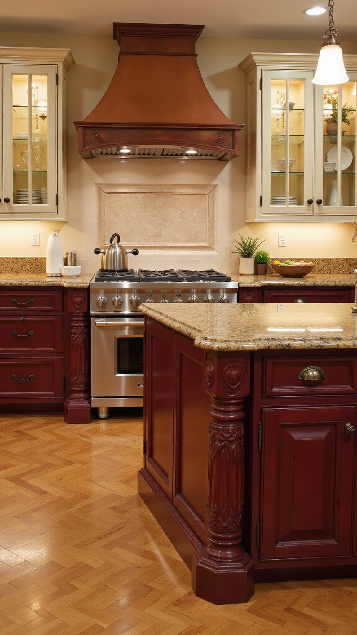 Luxurious chef's kitchen with burgundy and off-white cabinetry, granite countertops, copper range hood, large ornate island, and herringbone hardwood floors.