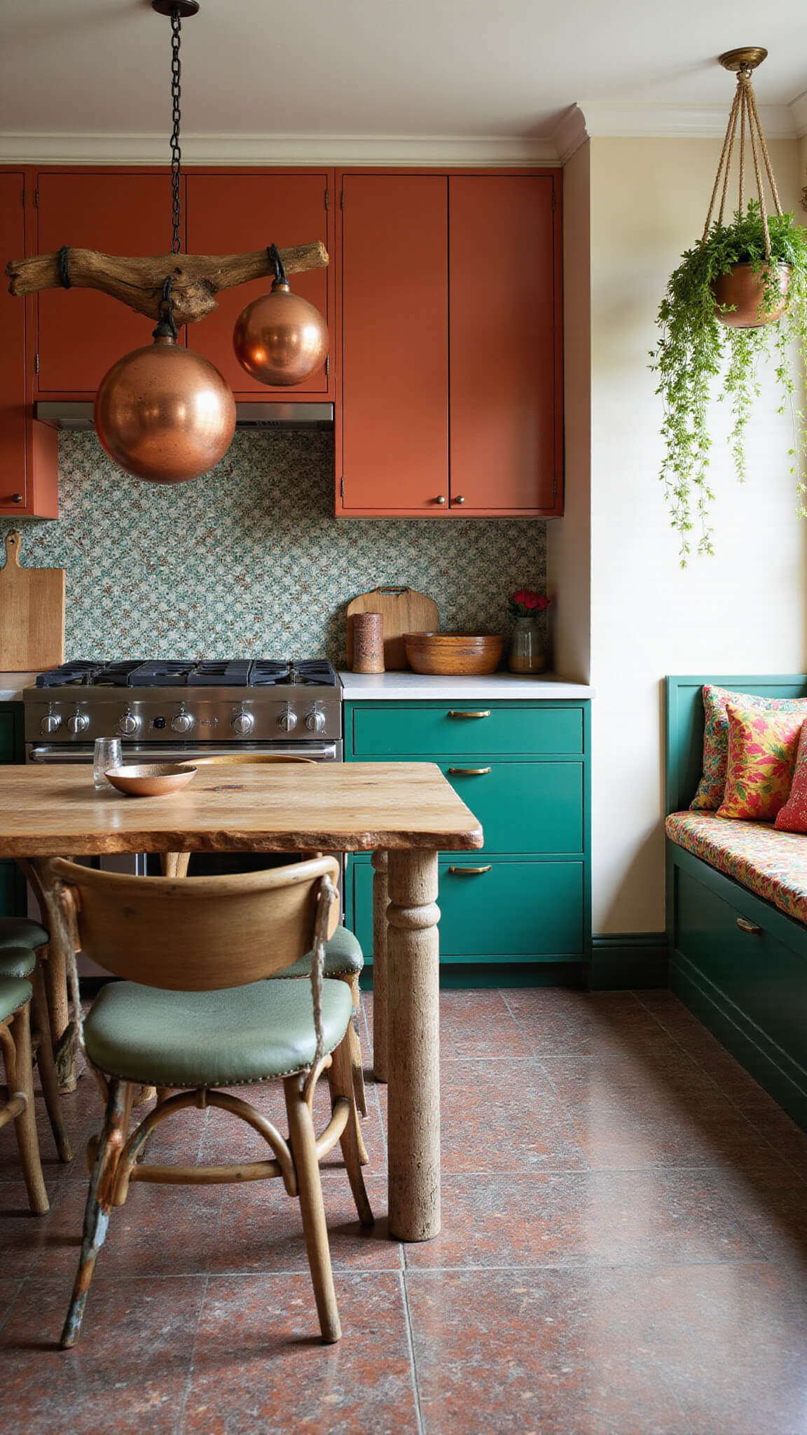 Eclectic bohemian kitchen with emerald green lower cabinets, terracotta upper cabinets, patterned cement tile backsplash and floor, rustic wood island with live-edge top, hanging copper pots, mismatched chairs, colorful banquette cushions, and trailing plants in macramé hangers.