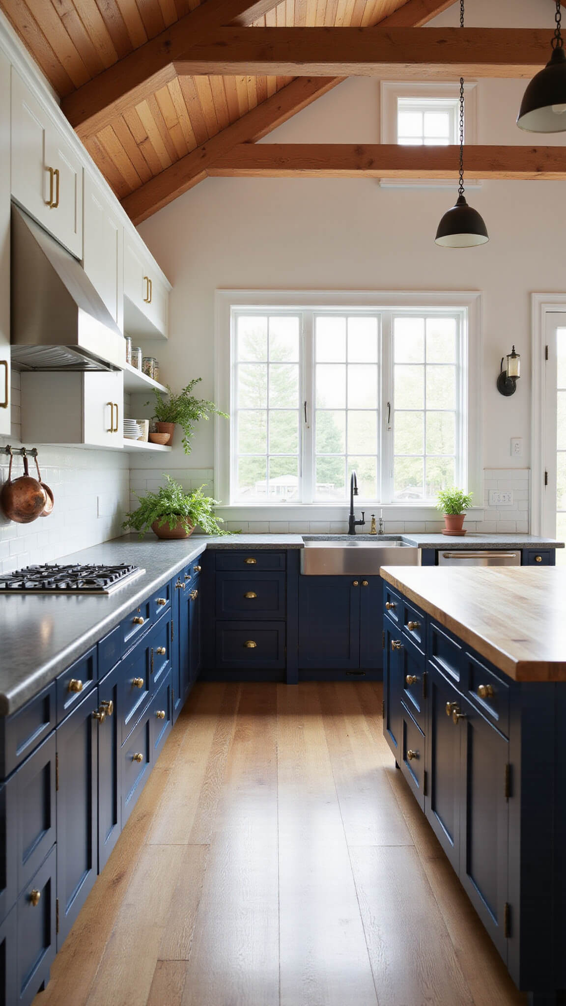 Spacious 12x15ft kitchen with vaulted ceilings, exposed beams, navy and white cabinets, butcher block island, subway tile, stainless appliances, and morning sunlight through large windows.