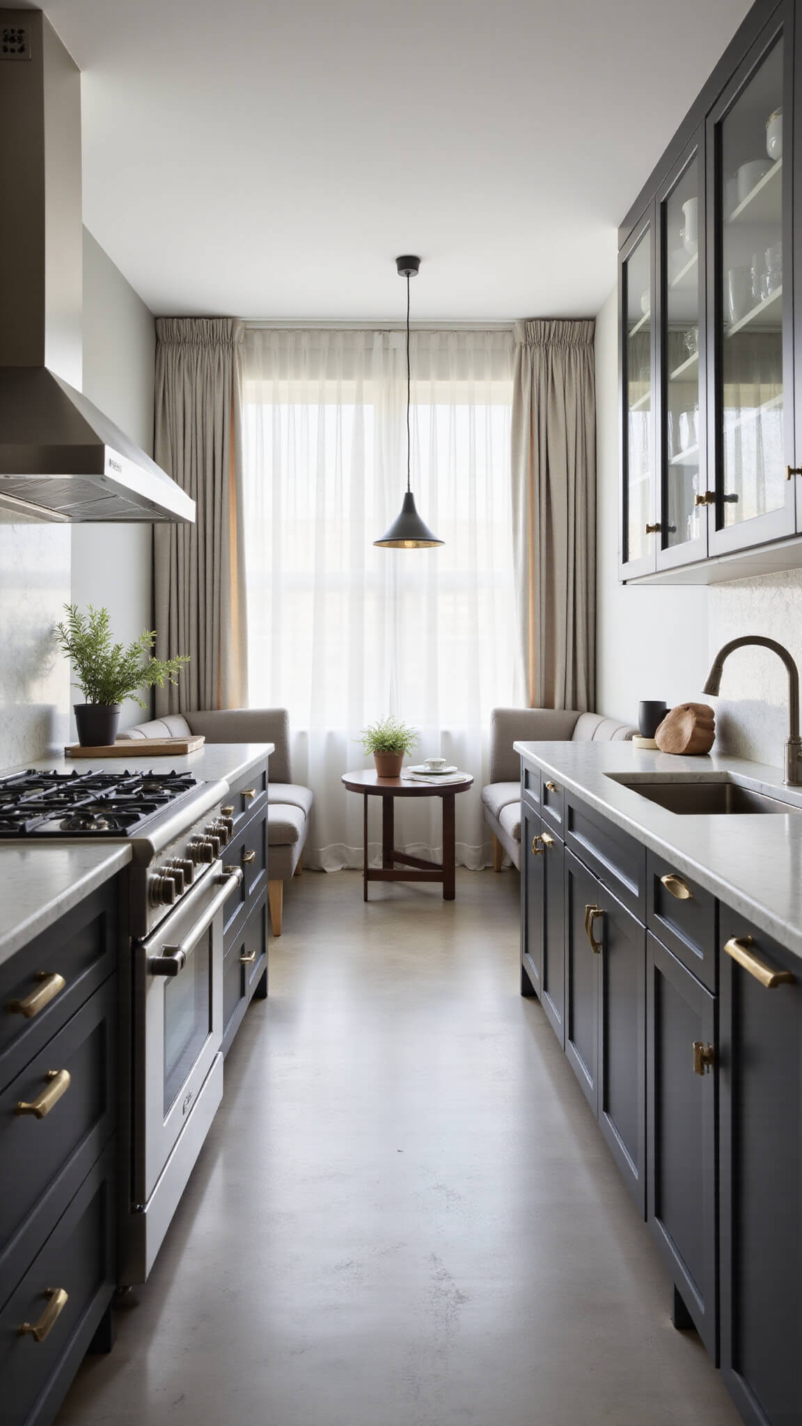 Galley kitchen with two-tone gray cabinets, marbled white quartz countertops, and soft afternoon light filtering through sheer curtains.