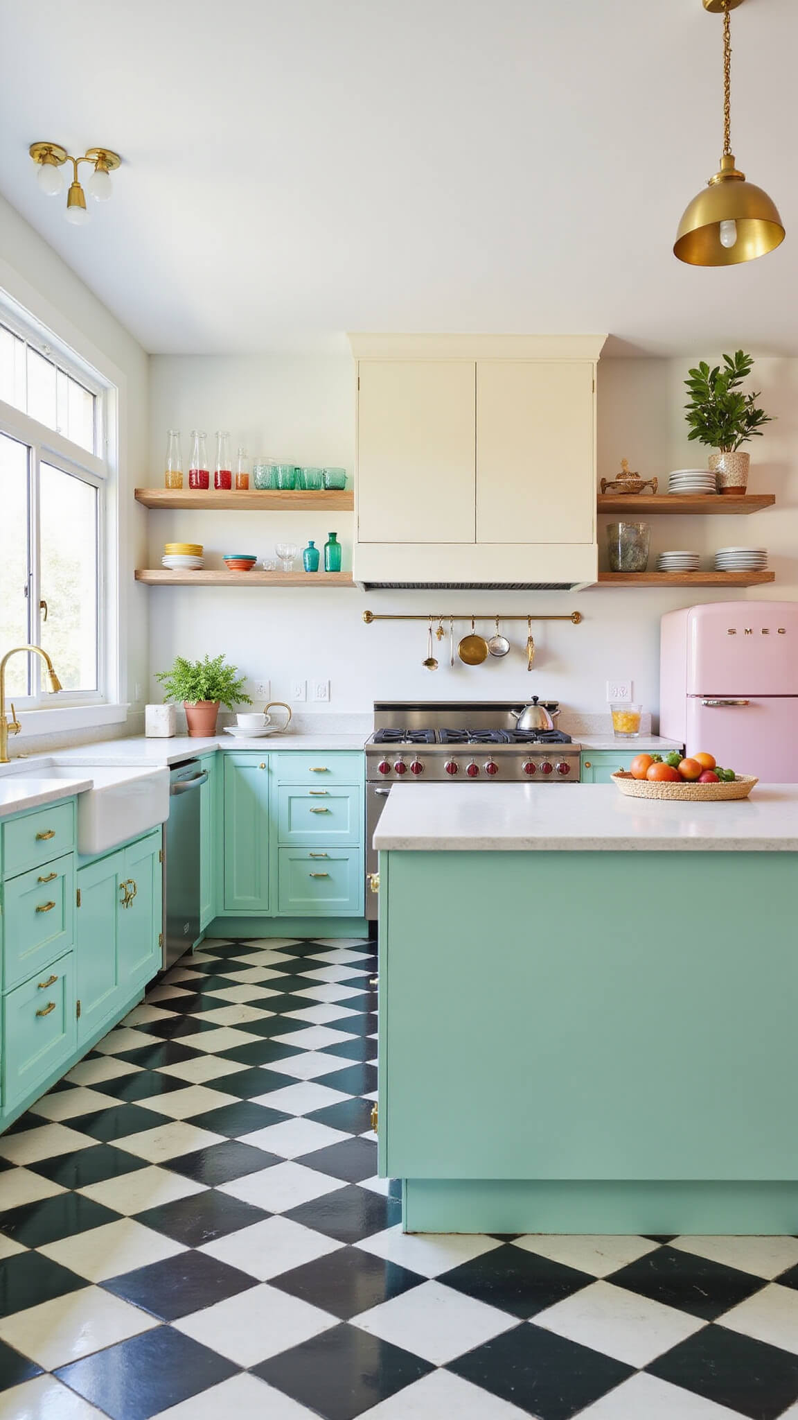 Retro-modern kitchen with mint green cabinets, black and white checkered floor, cream uppers, pastel pink SMEG fridge, and brass accents, captured in bright midday light.