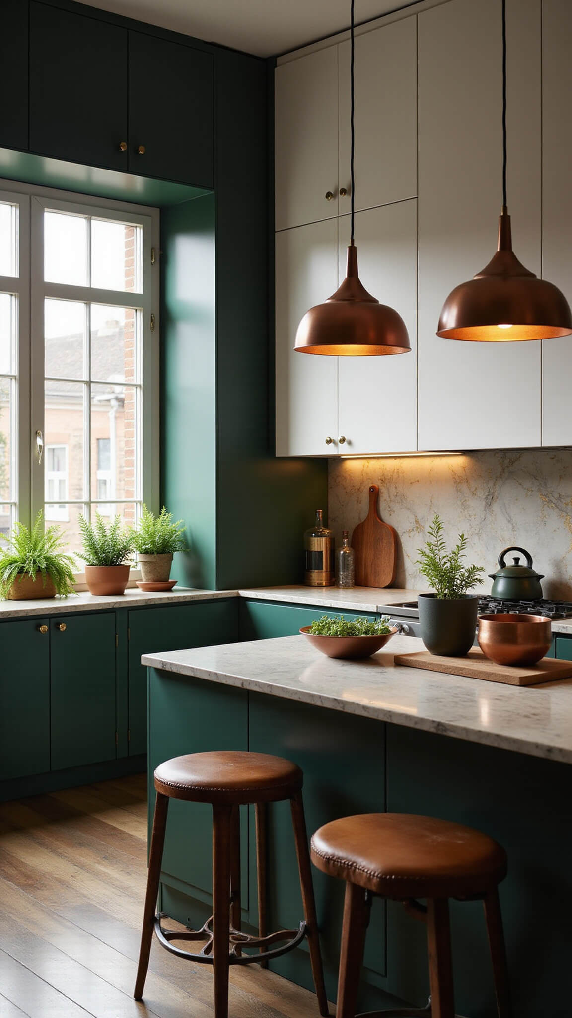 Cozy kitchen nook with dark green lower cabinets, white uppers, marble waterfall island, leather barstools, copper pendant lights, and potted greenery in warm evening light.