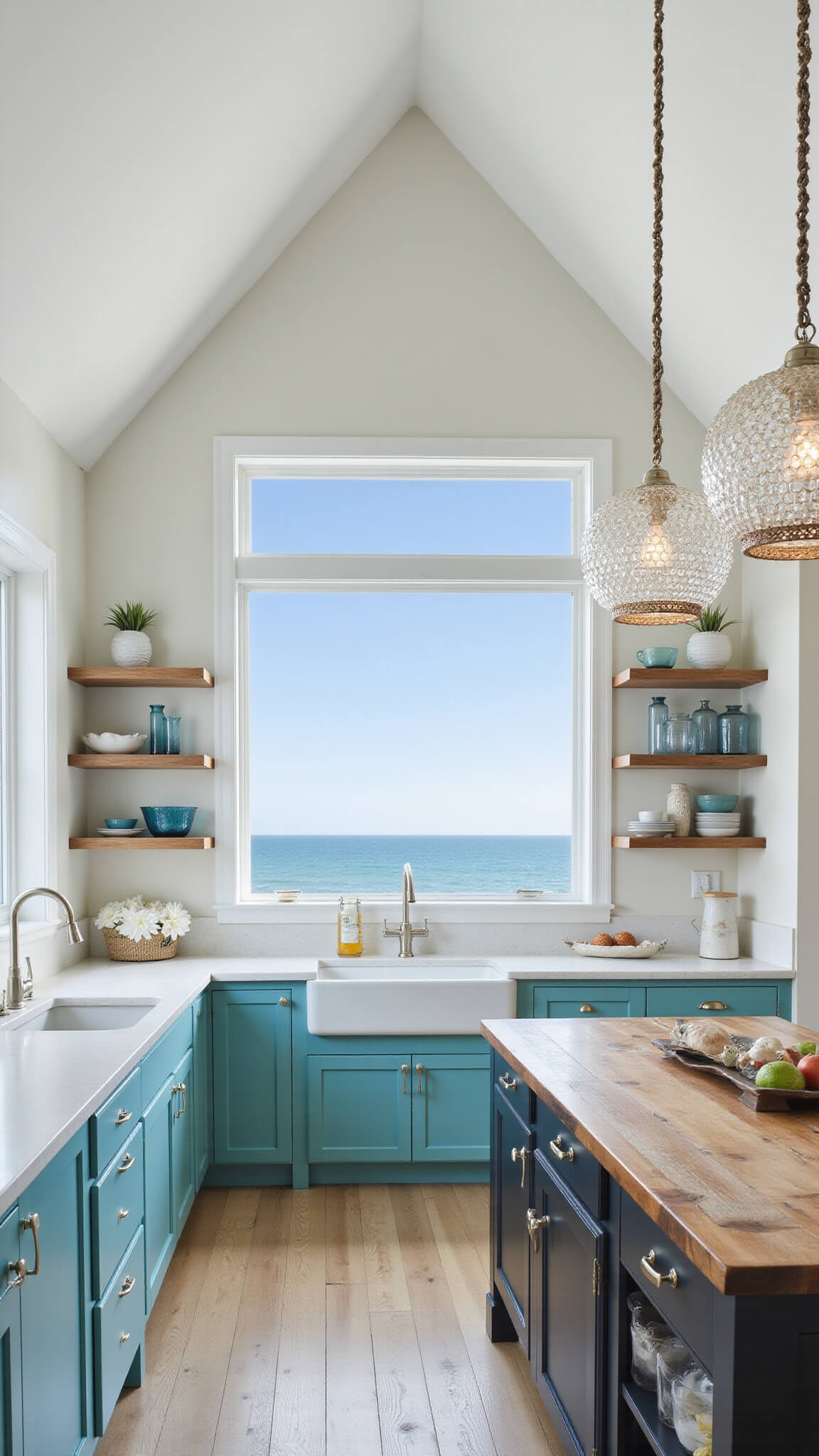 Coastal kitchen with teal and white cabinets, driftwood-style flooring, shell pendant lights, and a large window showcasing a seascape.